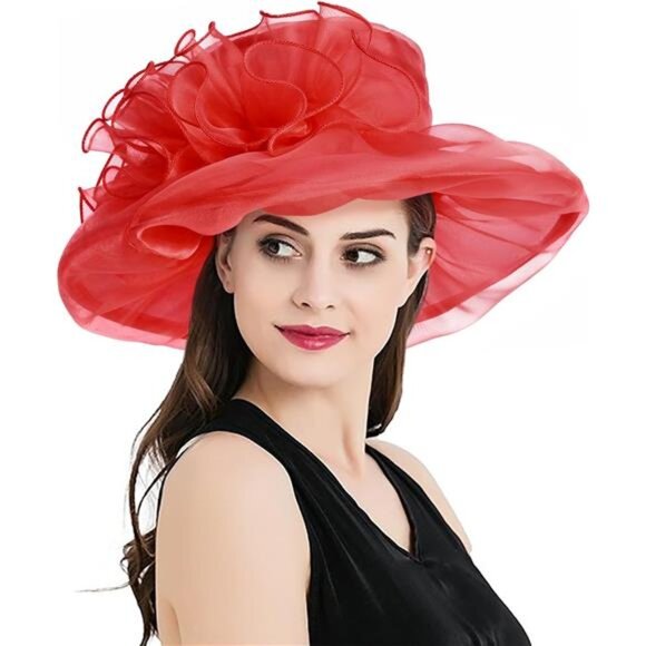 Derby Hats for Women, Classy Organza Sun Hat, Red - Picture 1 of 6